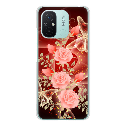 Xiaomi Redmi 12C 高画質仕上げ 背面印刷 ハードケース 【VA824 魅惑の蝶とピンクのバラ】