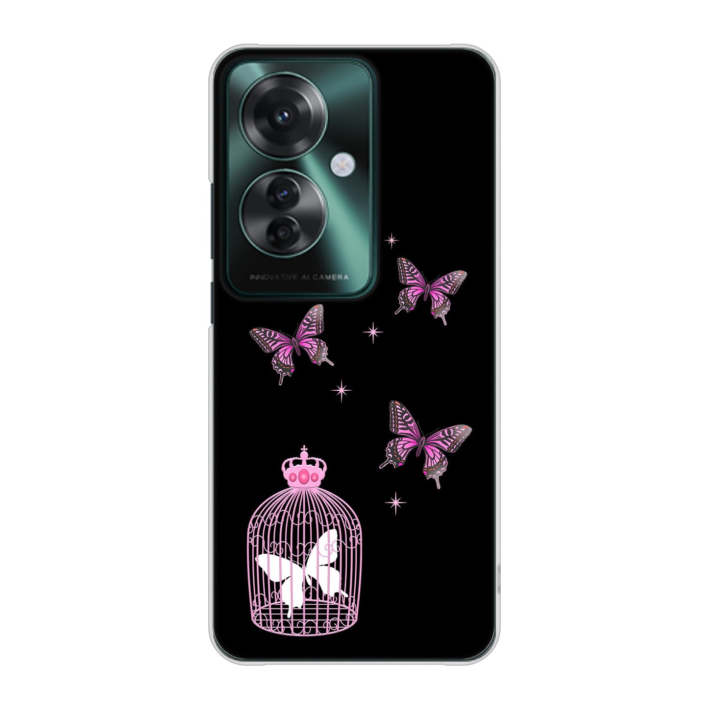 OPPO Reno11 A 高画質仕上げ 背面印刷 ハードケースむかいあぐる 蝶の王冠鳥かご