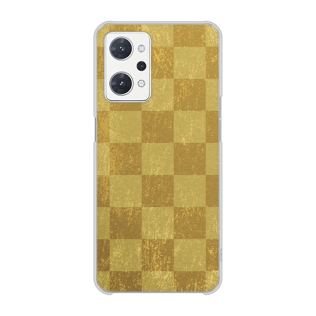 OPPO reno9 A 高画質仕上げ 背面印刷 ハードケース 【619 市松模様-金(骨董風に傷んだイメージ)】
