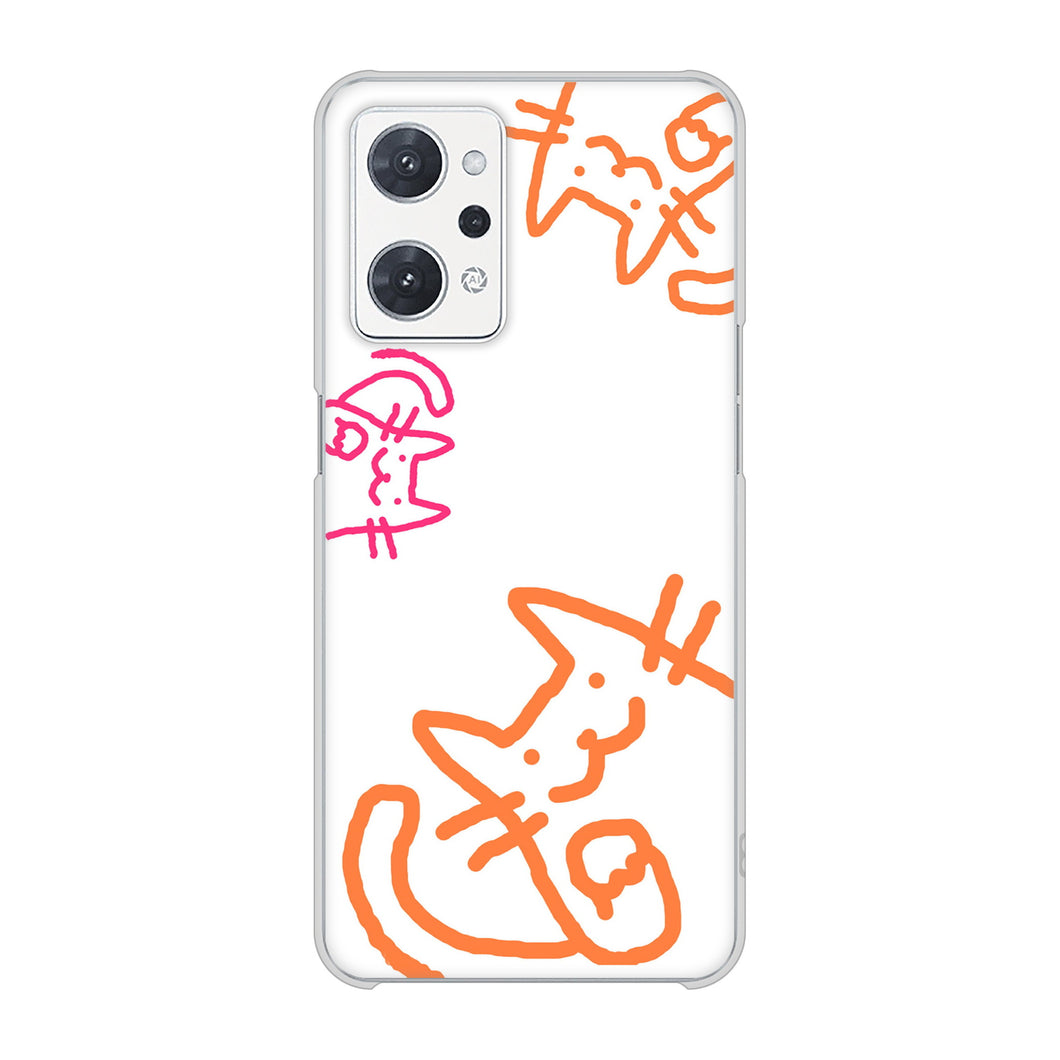 OPPO reno9 A 高画質仕上げ 背面印刷 ハードケース 【1098 手まねきする3匹のネコ】