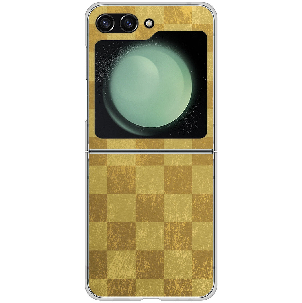 Galaxy Z Flip5 SC-54D docomo 高画質仕上げ 背面印刷 ハードケース 【619 市松模様-金(骨董風に傷んだイメージ)】