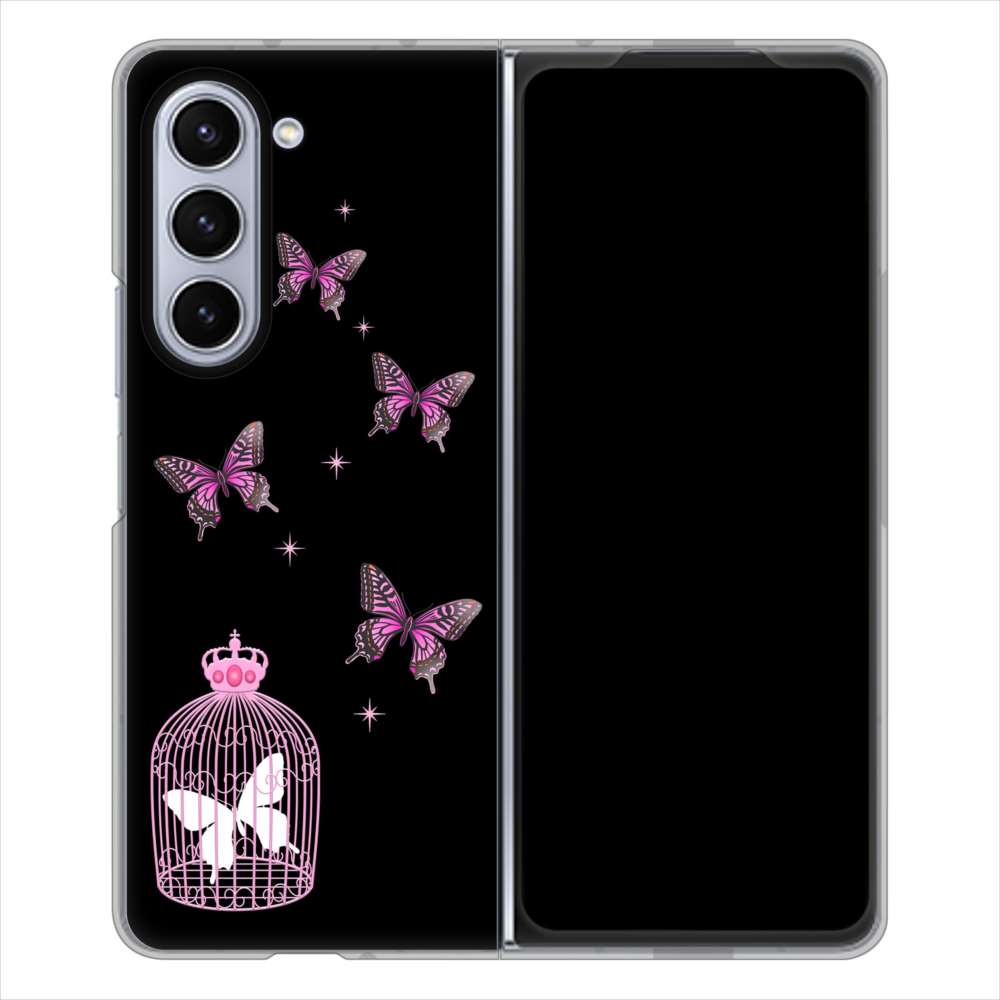 Galaxy Z Fold5 SC-55D docomo 高画質仕上げ 背面印刷 ハードケースむかいあぐる 蝶の王冠鳥かご