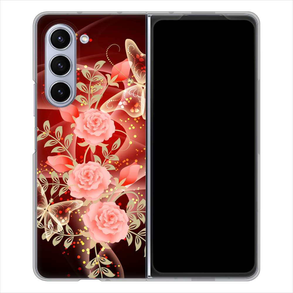 Galaxy Z Fold5 SC-55D docomo 高画質仕上げ 背面印刷 ハードケース 【VA824 魅惑の蝶とピンクのバラ】