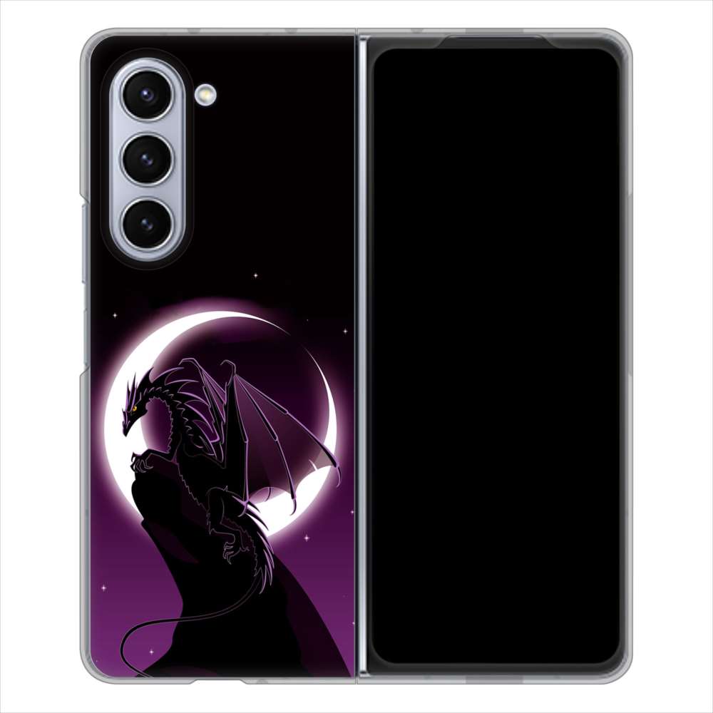 Galaxy Z Fold5 SCG22 au 高画質仕上げ 背面印刷 ハードケース 【037 三日月とドラゴン】