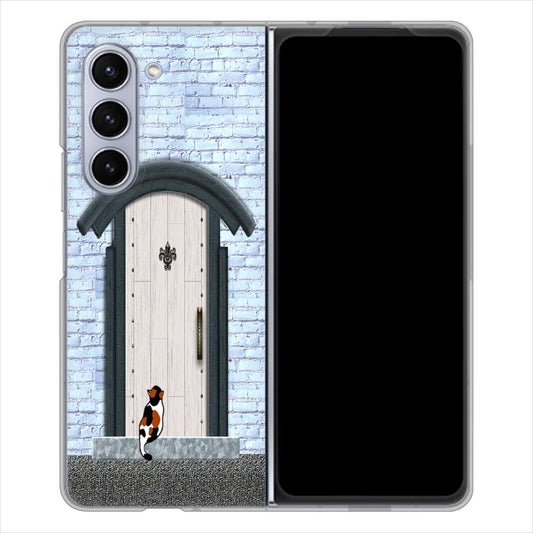 Galaxy Z Fold5 SCG22 au 高画質仕上げ 背面印刷 ハードケース猫とドア