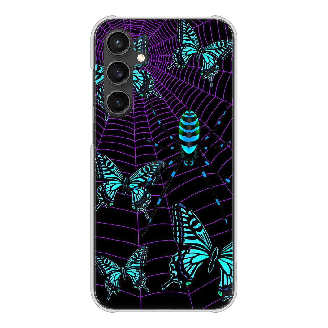 Galaxy S23 FE SCG24 au 高画質仕上げ 背面印刷 ハードケースむかいあぐる 蜘蛛の巣に舞う蝶