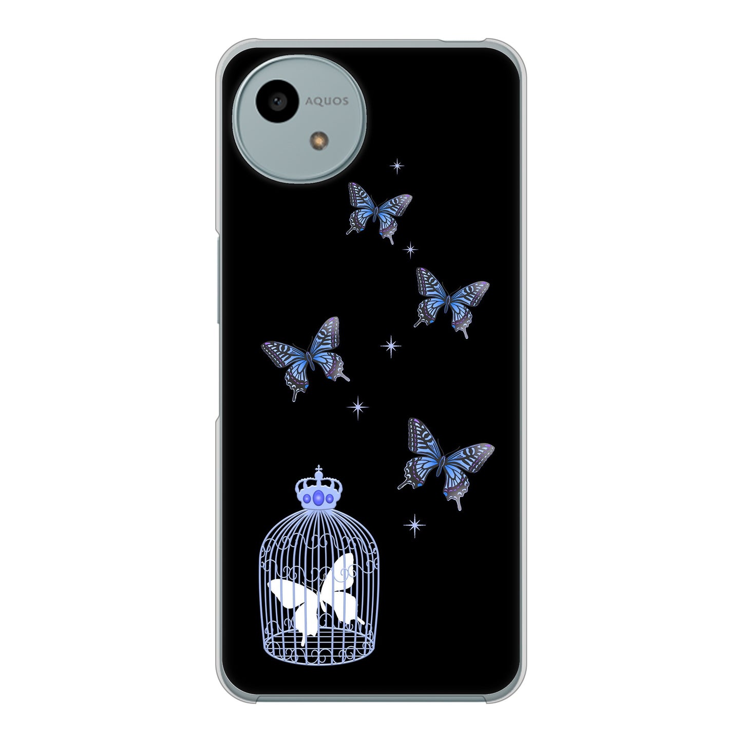 AQUOS wish4 SH-52E docomo 高画質仕上げ 背面印刷 ハードケースむかいあぐる 蝶の王冠鳥かご