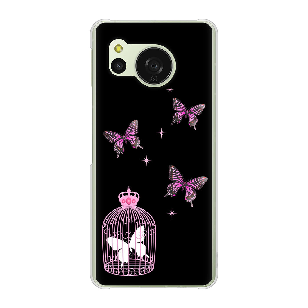 AQUOS sense8 SHG11 au 高画質仕上げ 背面印刷 ハードケースむかいあぐる 蝶の王冠鳥かご