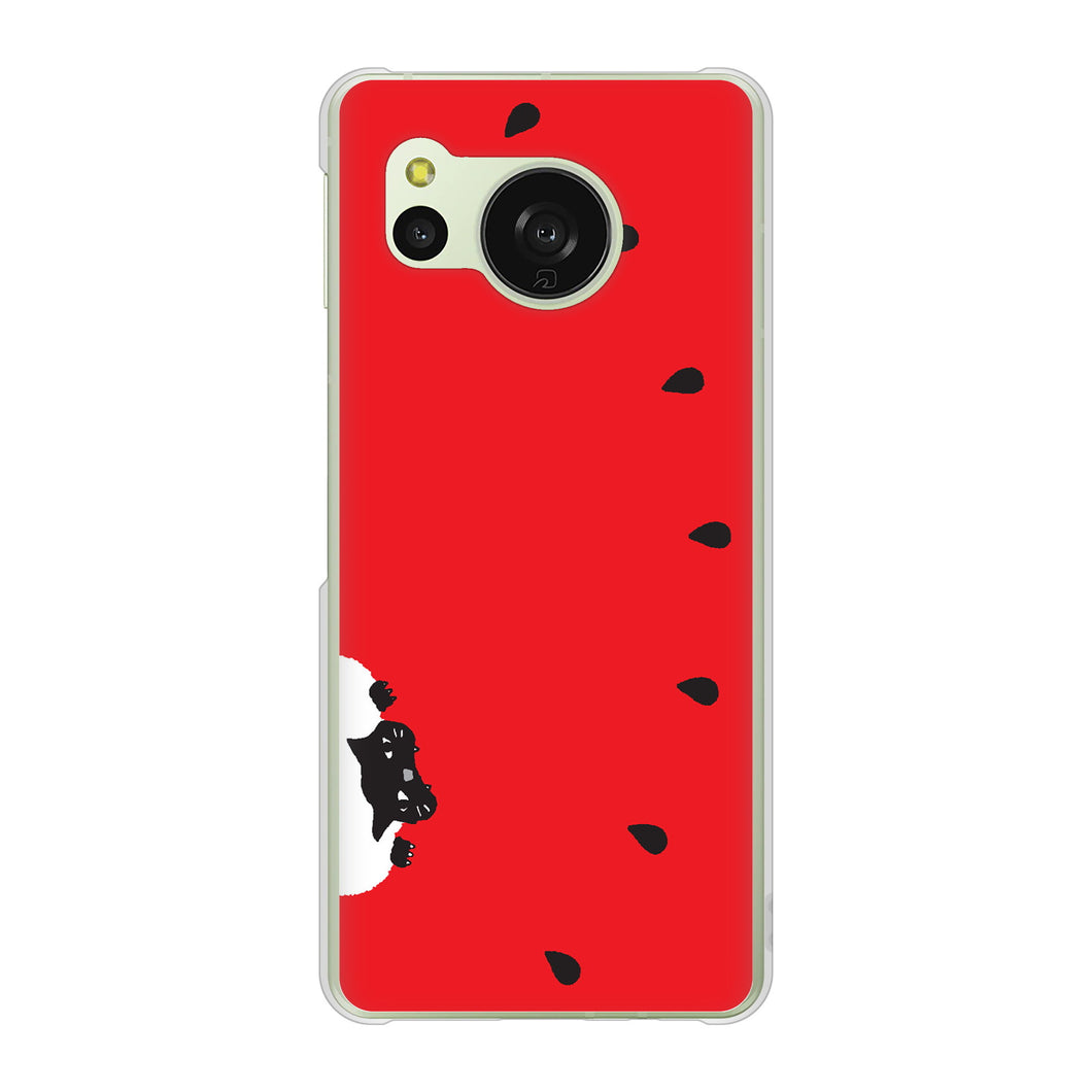 AQUOS sense8 SHG11 au 高画質仕上げ 背面印刷 ハードケースすいかをかじるネコ