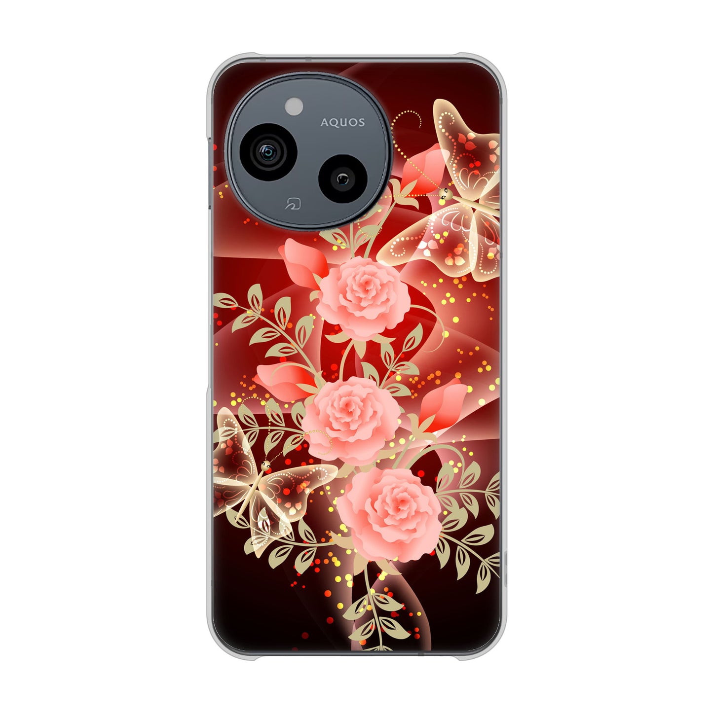 AQUOS sense9 SHG14 au 高画質仕上げ 背面印刷 ハードケース 【VA824 魅惑の蝶とピンクのバラ】