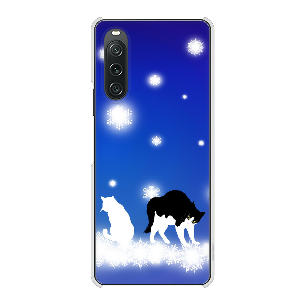 Xperia 10 V SO-52D docomo 高画質仕上げ 背面印刷 ハードケース 【YJ335 雪の結晶 はちわれ】