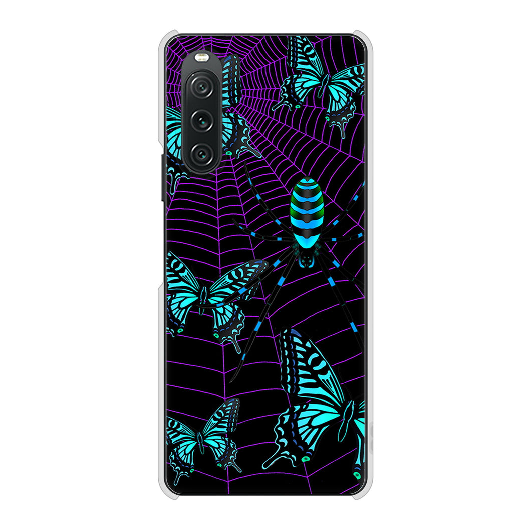 Xperia 10 V SOG11 au 高画質仕上げ 背面印刷 ハードケースむかいあぐる 蜘蛛の巣に舞う蝶