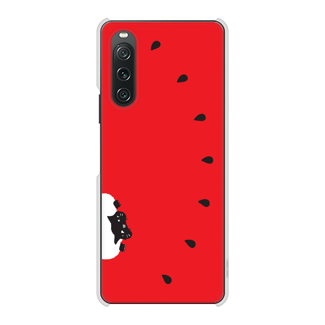 Xperia 10 V SOG11 au 高画質仕上げ 背面印刷 ハードケースすいかをかじるネコ