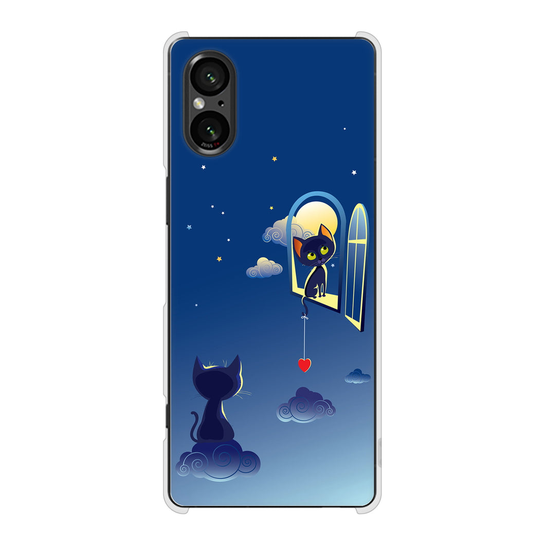 Xperia 5 V SOG12 au 高画質仕上げ 背面印刷 ハードケース夜とネコ