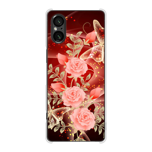 Xperia 5 V SOG12 au 高画質仕上げ 背面印刷 ハードケース 【VA824 魅惑の蝶とピンクのバラ】