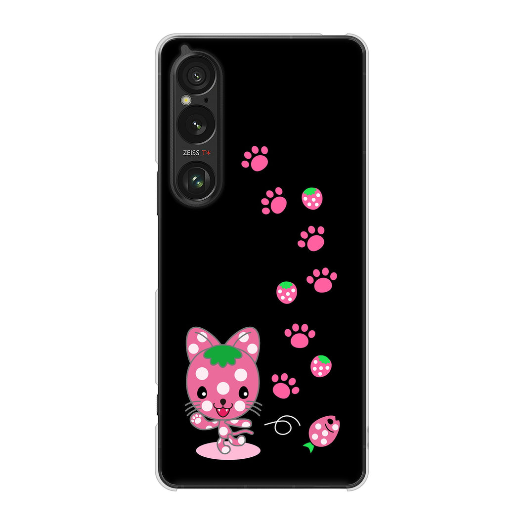 Xperia 1 VI SOG13 au 高画質仕上げ 背面印刷 ハードケースむかいあぐる イチゴ猫のにゃんベリー