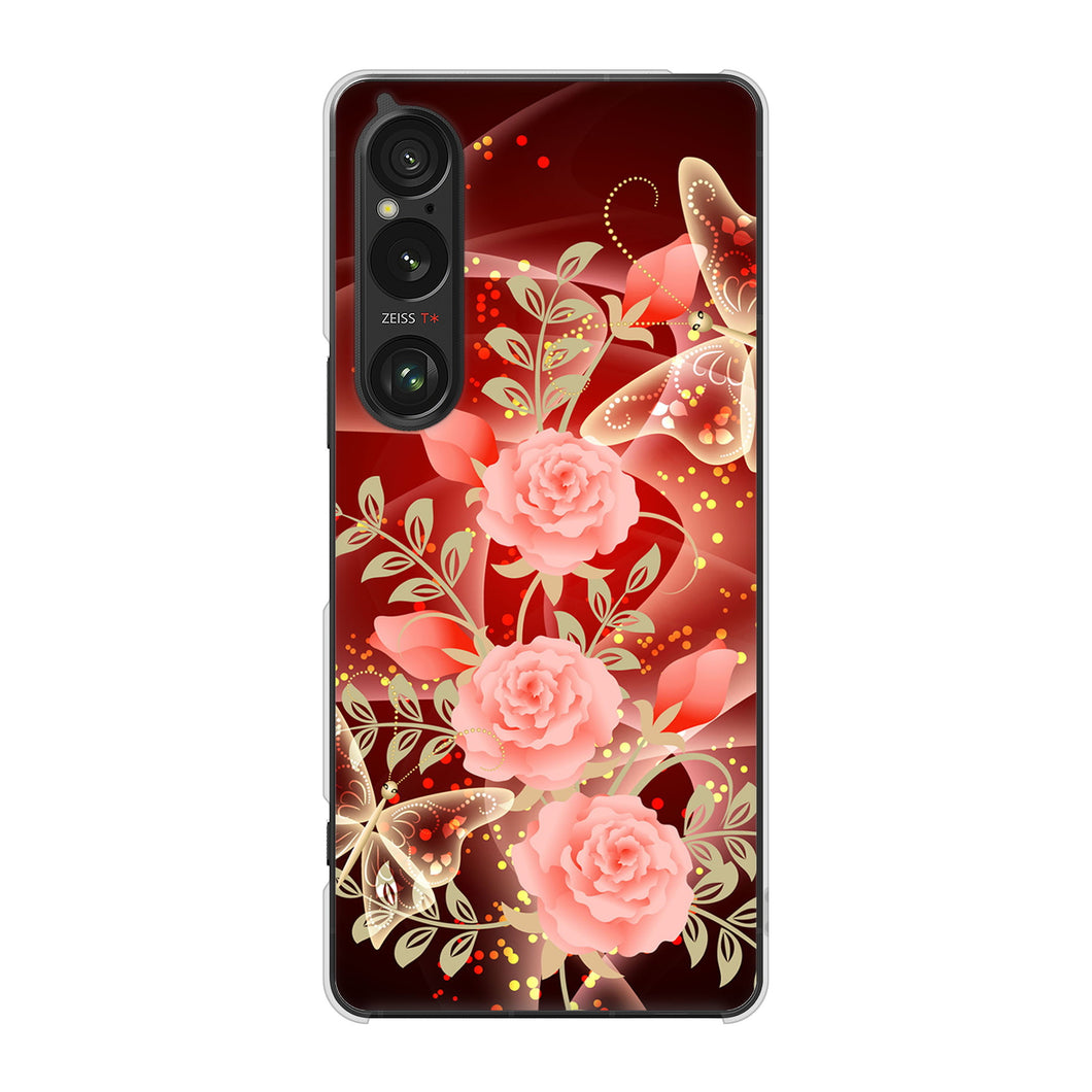 Xperia 1 VI SOG13 au 高画質仕上げ 背面印刷 ハードケース 【VA824 魅惑の蝶とピンクのバラ】