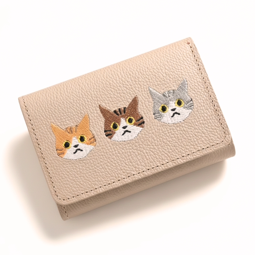 シマエナガとネコ シンプル 三つ折り財布 【 シュリンクレザー 刺繍 】 ミニ財布 ミニウォレット コンパクトウォレット 本革