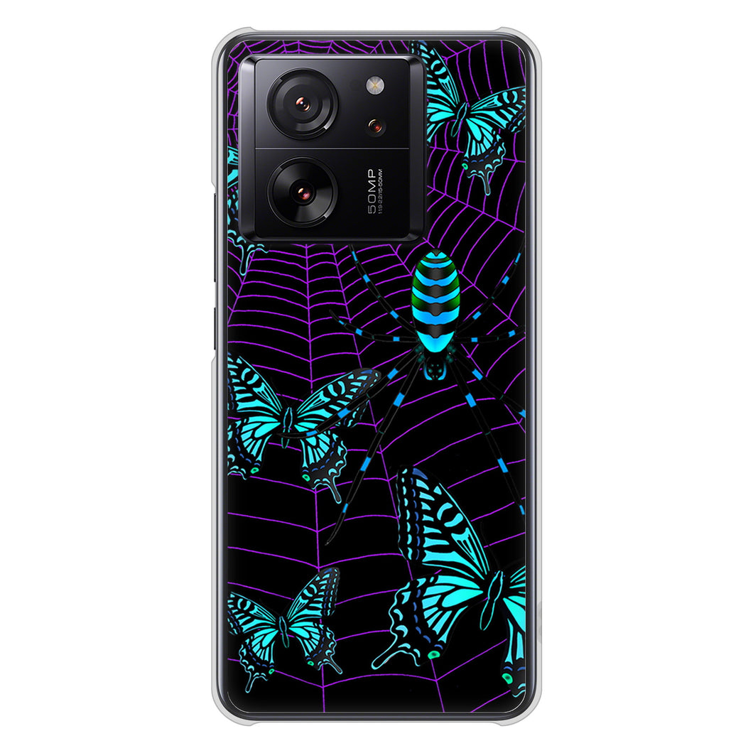 Xiaomi 13T XIG04 au 高画質仕上げ 背面印刷 ハードケースむかいあぐる 蜘蛛の巣に舞う蝶