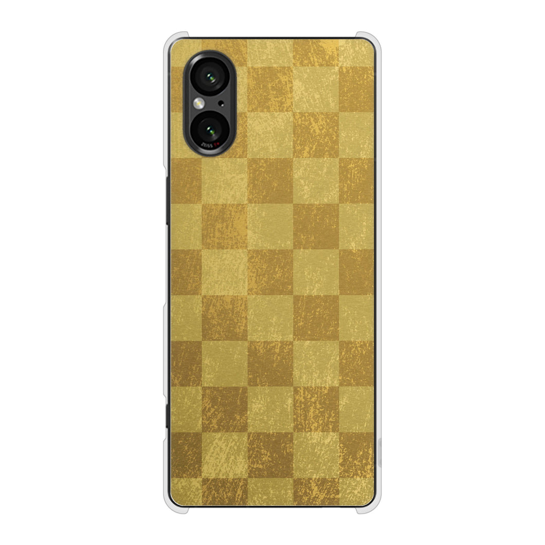 Xperia 5 V XQ-DE44 高画質仕上げ 背面印刷 ハードケース 【619 市松模様-金(骨董風に傷んだイメージ)】