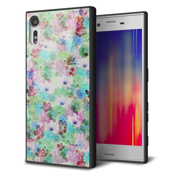 softbank エクスペリア XZs 602SO 強化ガラス&TPUスマホケース ガラプリ【SC872 リバティプリント プレスドフラワー(グリーン)】