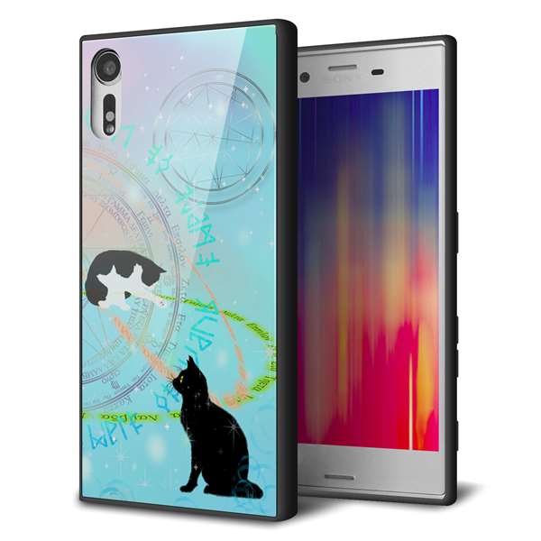 softbank エクスペリア XZs 602SO 強化ガラス&TPUスマホケース ガラプリ【YJ329 魔法陣猫 キラキラ パステル】
