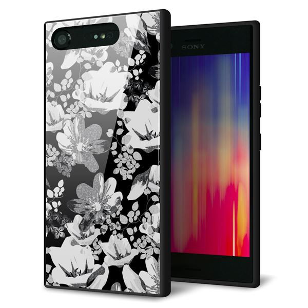 SoftBank エクスペリア XZ1 701SO 強化ガラス&TPUスマホケース ガラプリ【SC913 花柄モノトーン 02】