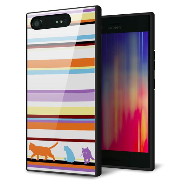 SoftBank エクスペリア XZ1 701SO 強化ガラス&TPUスマホケース ガラプリ【YA887 ストライプネコ01】