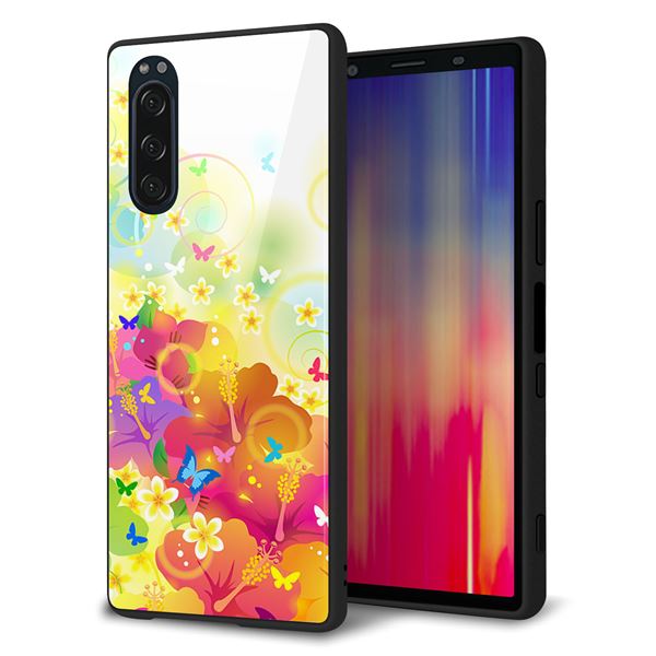 softbank エクスペリア5 901SO 強化ガラス&TPUスマホケース ガラプリ【647 ハイビスカスと蝶】