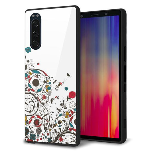 softbank エクスペリア5 901SO 強化ガラス&TPUスマホケース ガラプリ【EK908 カラフルな花と鳥】