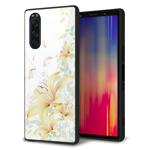softbank エクスペリア5 901SO 強化ガラス&TPUスマホケース ガラプリ【SC851 ユリ(ホワイト)】