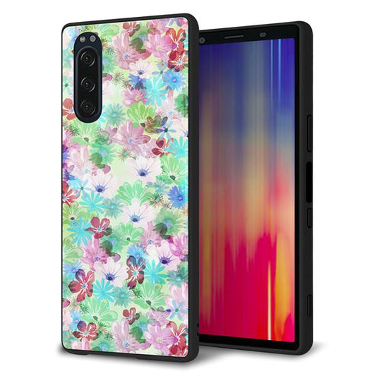 softbank エクスペリア5 901SO 強化ガラス&TPUスマホケース ガラプリ【SC872 リバティプリント プレスドフラワー(グリーン)】