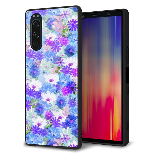 softbank エクスペリア5 901SO 強化ガラス&TPUスマホケース ガラプリ【SC875 リバティプリント プレスドフラワー(ブルー)】