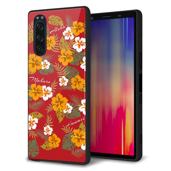 softbank エクスペリア5 901SO 強化ガラス&TPUスマホケース ガラプリ【SC885 ハワイアンアロハレトロ(レッド)】