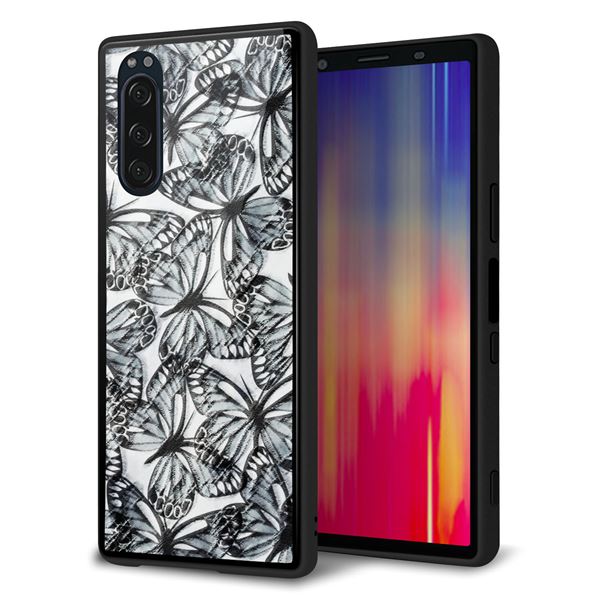 softbank エクスペリア5 901SO 強化ガラス&TPUスマホケース ガラプリ【SC905 ガーデンバタフライ ブラック】