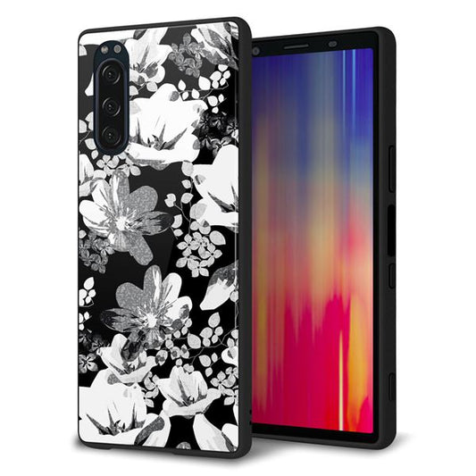 softbank エクスペリア5 901SO 強化ガラス&TPUスマホケース ガラプリ【SC913 花柄モノトーン 02】