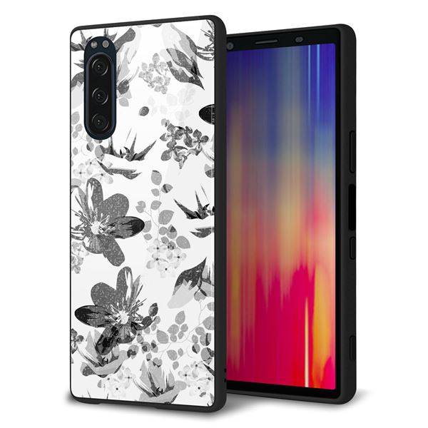 softbank エクスペリア5 901SO 強化ガラス&TPUスマホケース ガラプリ【SC914 花柄モノトーン 03】