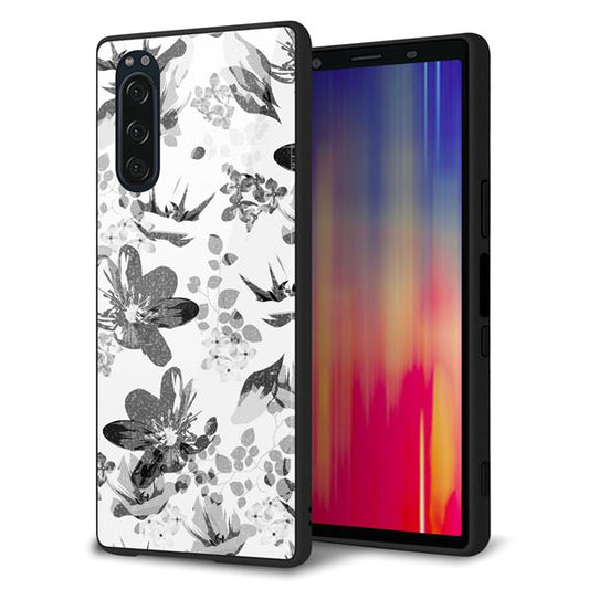softbank エクスペリア5 901SO 強化ガラス&TPUスマホケース ガラプリ【SC914 花柄モノトーン 03】