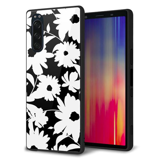 softbank エクスペリア5 901SO 強化ガラス&TPUスマホケース ガラプリ【SC915 花柄モノトーン 04】