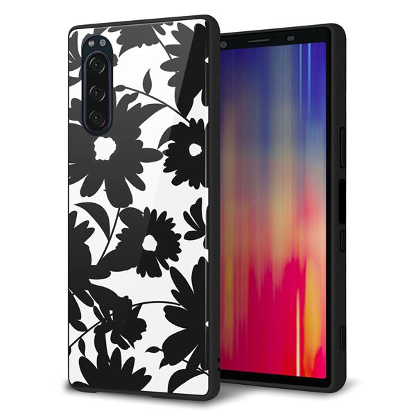 softbank エクスペリア5 901SO 強化ガラス&TPUスマホケース ガラプリ【SC916 花柄モノトーン 05】