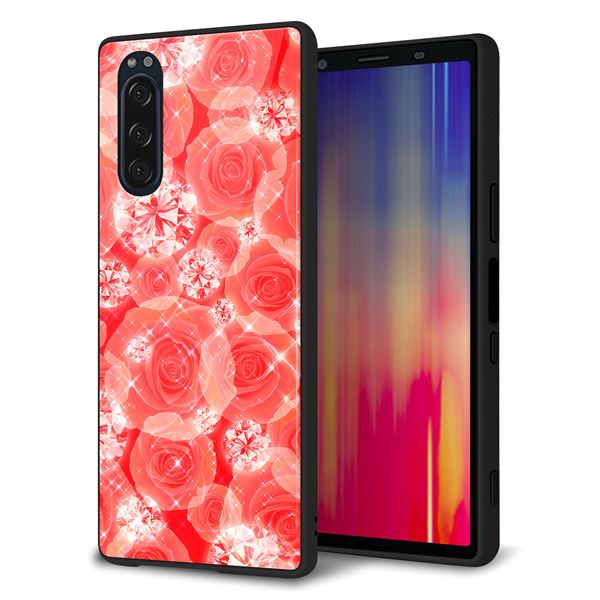 softbank エクスペリア5 901SO 強化ガラス&TPUスマホケース ガラプリ【VA816 ダイヤモンドとバラ】