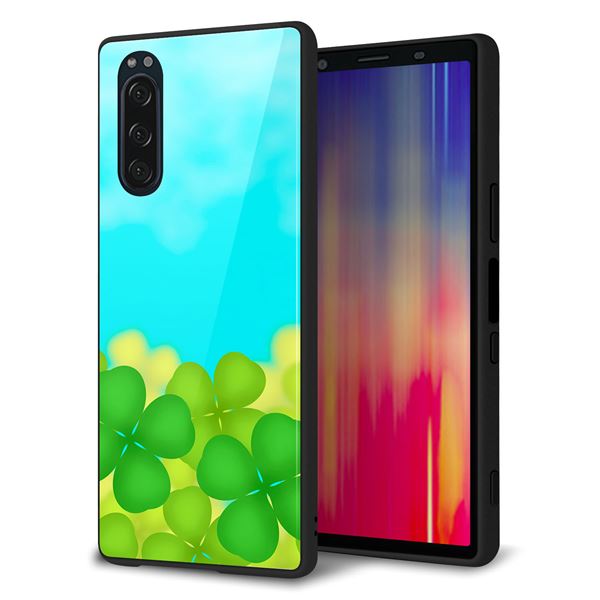 softbank エクスペリア5 901SO 強化ガラス&TPUスマホケース ガラプリ【VA820 四葉のクローバー畑】