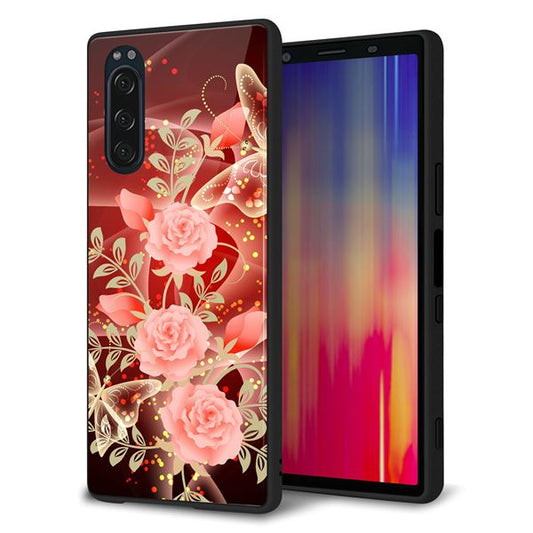 softbank エクスペリア5 901SO 強化ガラス&TPUスマホケース ガラプリ【VA824 魅惑の蝶とピンクのバラ】