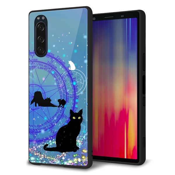 softbank エクスペリア5 901SO 強化ガラス&TPUスマホケース ガラプリ【YJ327 魔法陣猫 キラキラ かわいい】