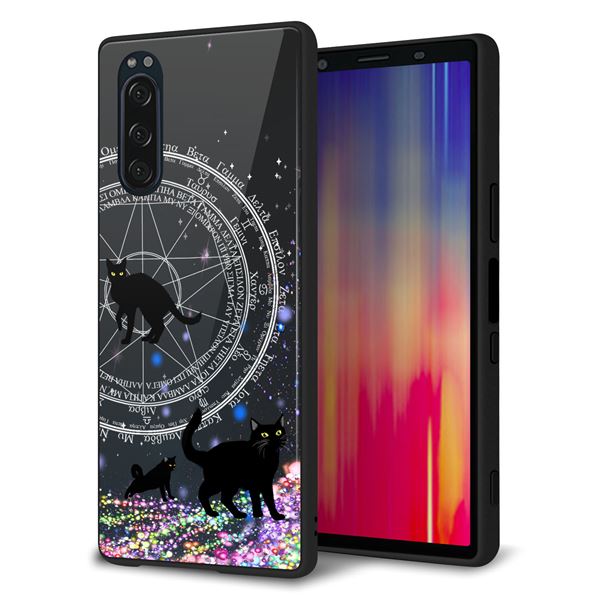 softbank エクスペリア5 901SO 強化ガラス&TPUスマホケース ガラプリ【YJ330 魔法陣猫 キラキラ 黒猫】