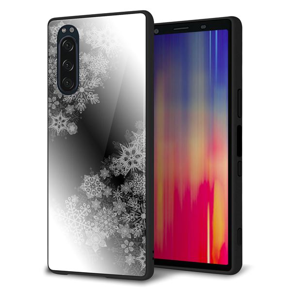 softbank エクスペリア5 901SO 強化ガラス&TPUスマホケース ガラプリ【YJ340 モノトーン 雪の結晶 】