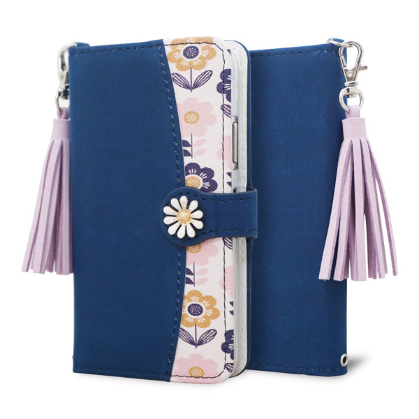 AQUOS Xx3 506SH SoftBank スマホケース 手帳型 フリンジ風 ストラップ付 フラワーデコ