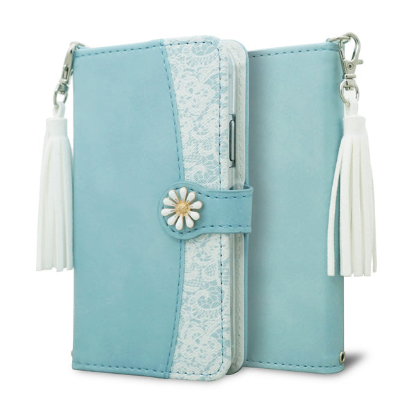 AQUOS R2 compact 803SH SoftBank スマホケース 手帳型 フリンジ風 ストラップ付 フラワーデコ