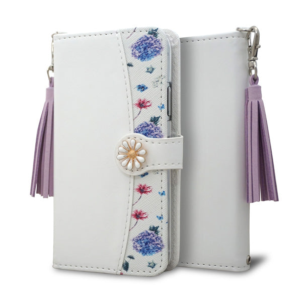 arrows Be4 Plus F-41B docomo スマホケース 手帳型 フリンジ風 ストラップ付 フラワーデコ