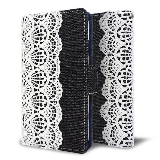 AQUOS sense7 plus A208SH SoftBank スマホケース 手帳型 デニム レース ミラー付 耐衝撃